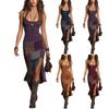 Sleeveless Digital Print Strap Dress for Women Patchwork Style Slim Fit Midi Length Side Slit Casual Summer Dress