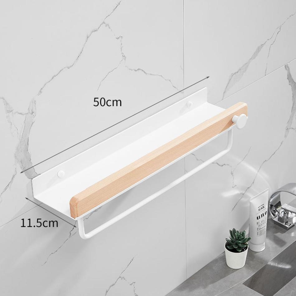 White Bathroom Shelf with Towel Bar Wood Aluminum Wall Mounted Lavatory Bath Shower Shampoo Soap Storage Holder Organizer Rack