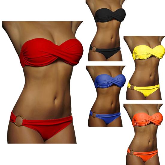 2 Pcs/Set Summer Bikini Solid Color Push Up Strapless Simple Women Swimsuit for Beach