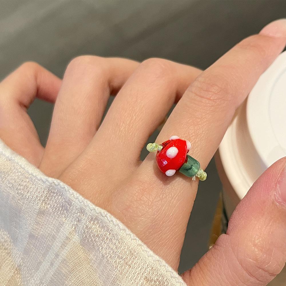 Colorful Mushroom Bead Ring New Elastic Rope Design Cute Playful Women Dopamine Finger Ring Trendy Contrast Color Party Jewelry