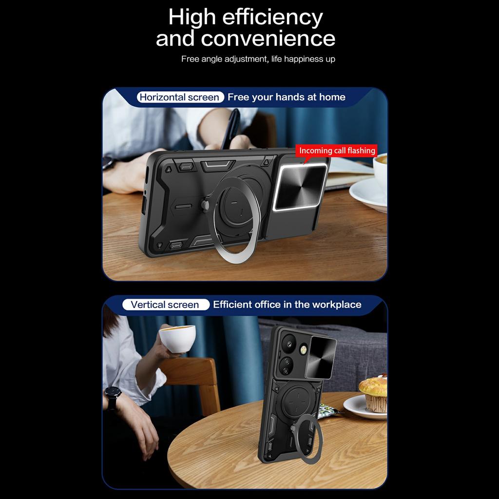 For Xiaomi Redmi 13C 4G/Poco C65 4G Case Slide Camera Lid TPU+PC Hybrid Phone Cover with Kickstand