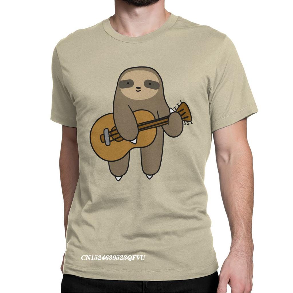 Guitar Sloth Cute Tops T Shirts Mens Cotton Novelty Tee Shirt Round Neck Guitarist Animal Tees Harajuku Tops Gift Idea