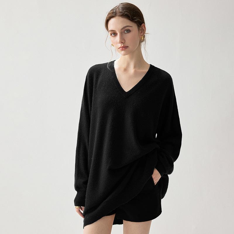 Autumn 2026 Women's Mid-Length Cashmere V-Neck Sweater - Elegant Solid Color Pullover