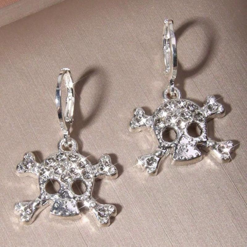 2pcs Glitter Silver Rhinestone Skull Pendant Earrings, Suitable for Halloween & Daily Wear for Women
