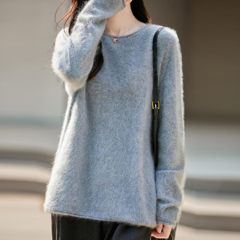 Women's Plus Size Korean Style Marled Yarn Cashmere Wool Sweater - Loose Fit, Brushed, Round Neck
