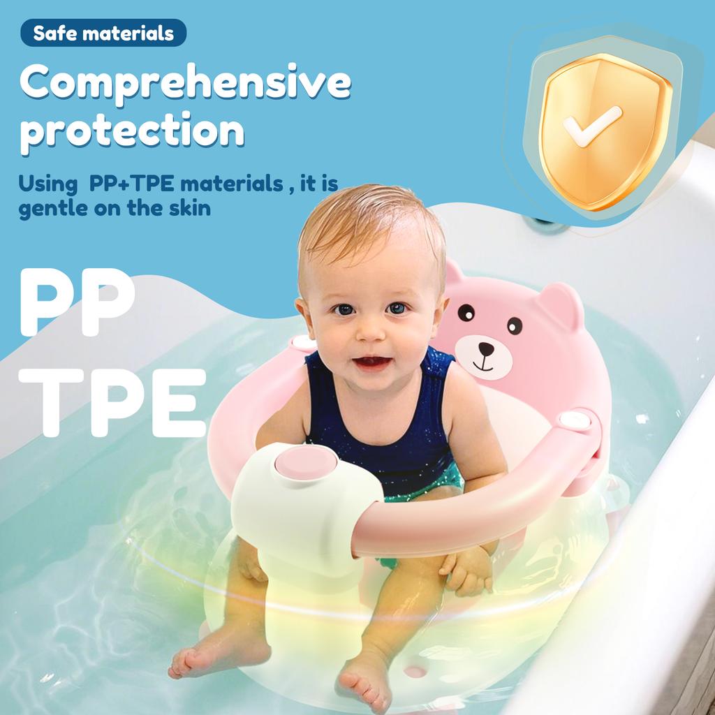 Baby Bath Seat Newborn Shower Bathtub Stand with Foldable Armrest Non-Slip Cute Cartoon Toddler Bath Chair Support