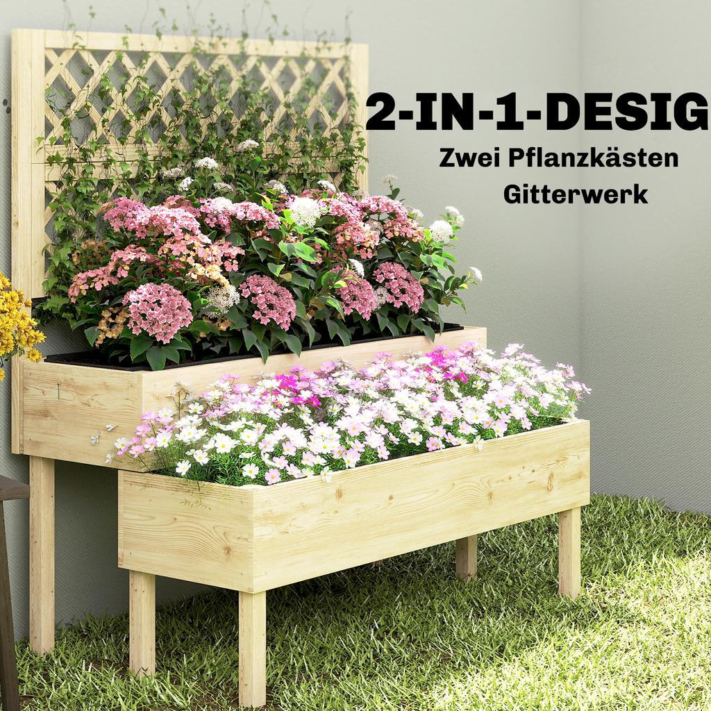Raised Garden Bed 2-Tier Stepped Design Planter Box with Trellis for Climbing Plants 108x62x120 cm
