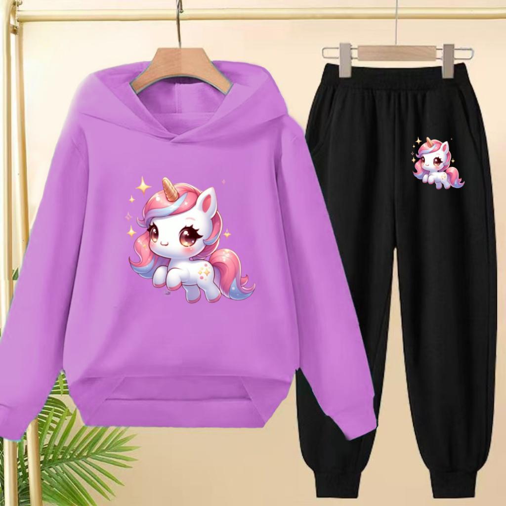 Kids Clothes Cute Unicorn Print Hoodie Sportswear Coat+Pants 2P Boy Girl Toddler 3-12Y Leisure Top Fashion Sunshine Charming Set