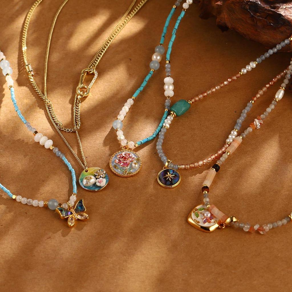 Pearl Flower Butterfly Oil Painting Necklace: Elegant Chinese Summer Jewelry for Women