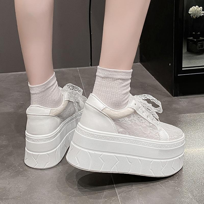 Fashion Genuine Leather/lace Mesh Flat Womens White Sneaker Summer Round Toe Platform 7.5CM Thick Botton Lace-up Sports Shoes