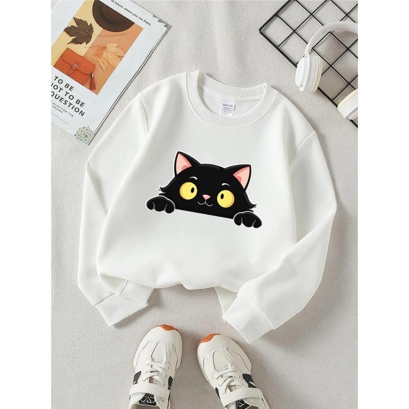 European Sizes Trendy Crewneck Sweatshirt with Black Cat Face, Long-Sleeved Casual Top for Young Girls