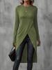 Women's Crew Neck Long Sleeve Tight Long Tunic Top Slim Fit Wrap Front High Slit Long Blouse
