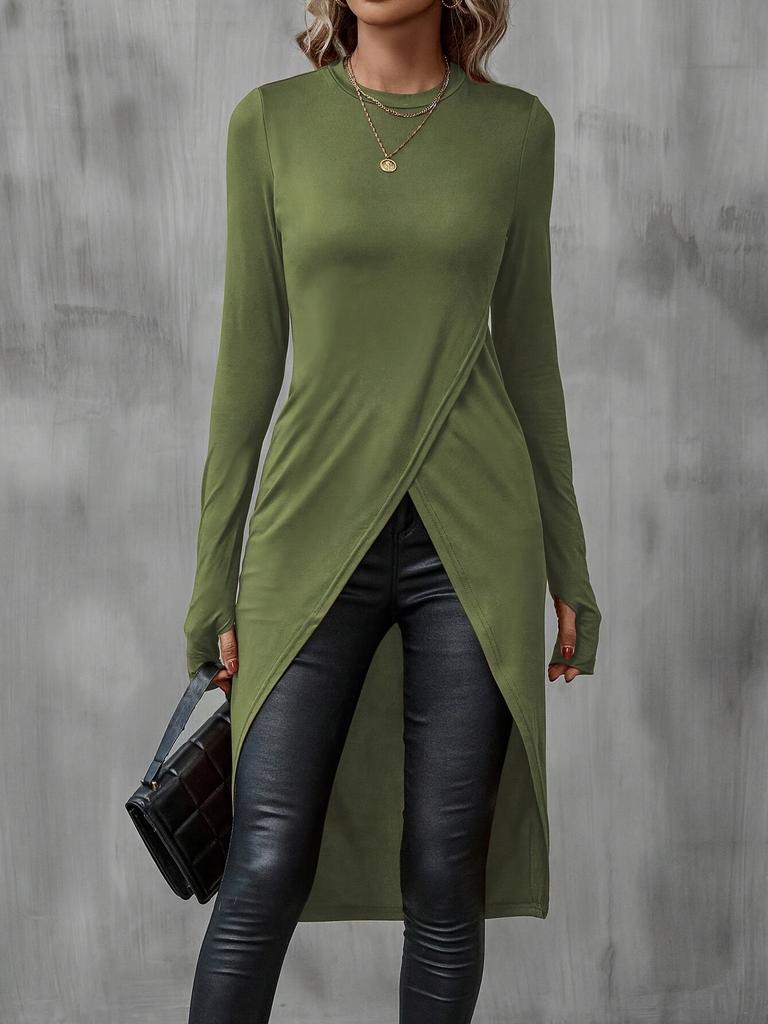 Women's Crew Neck Long Sleeve Tight Long Tunic Top Slim Fit Wrap Front High Slit Long Blouse