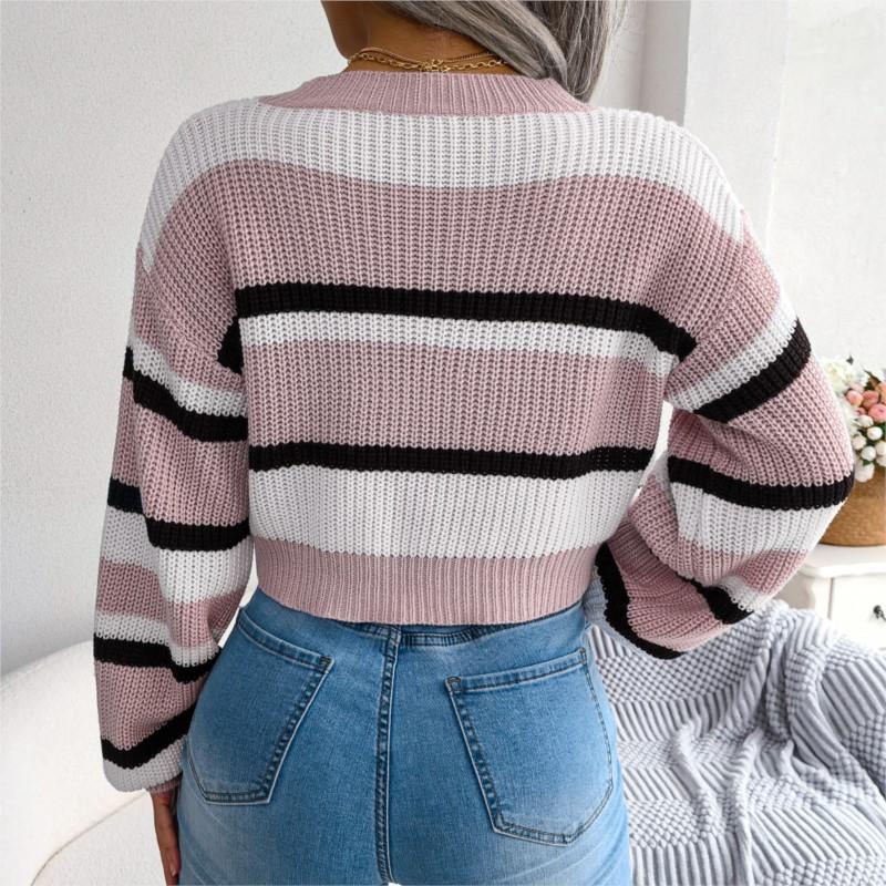 Trendiger Damen Strickpullover Herbst Winter Lässig Gestreift Langarm Offener Nabel Gestrickter Kapuzenpullover Neues Produkt