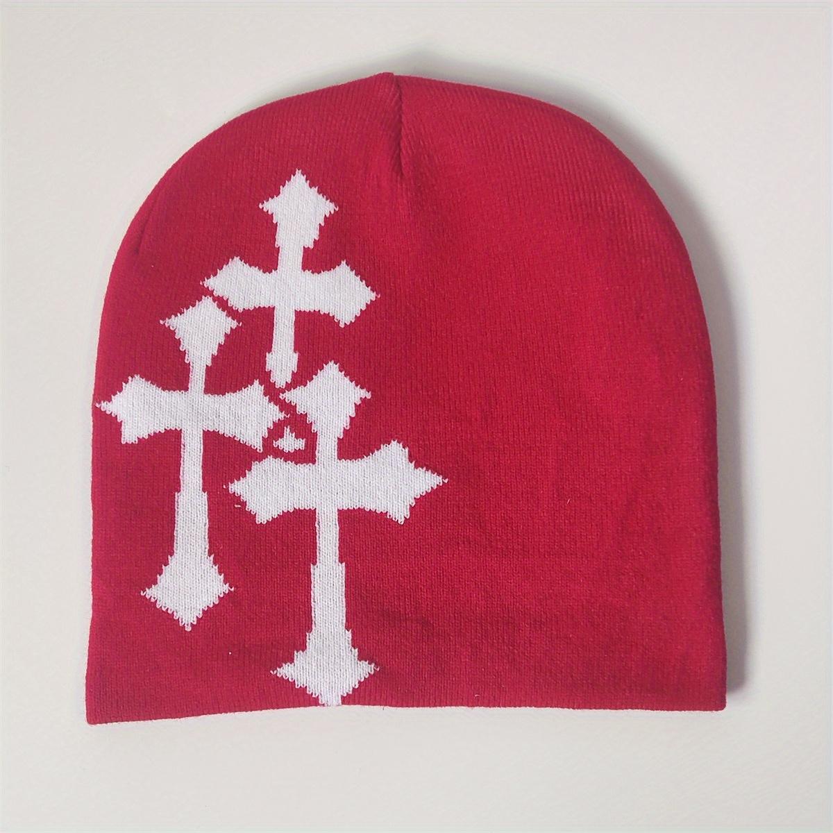 

1шт жіночої вуличної модної вовняної шапки з трьома хрестами, м’яка та тепла в’язана шапка, підходить для осені та зими червоний