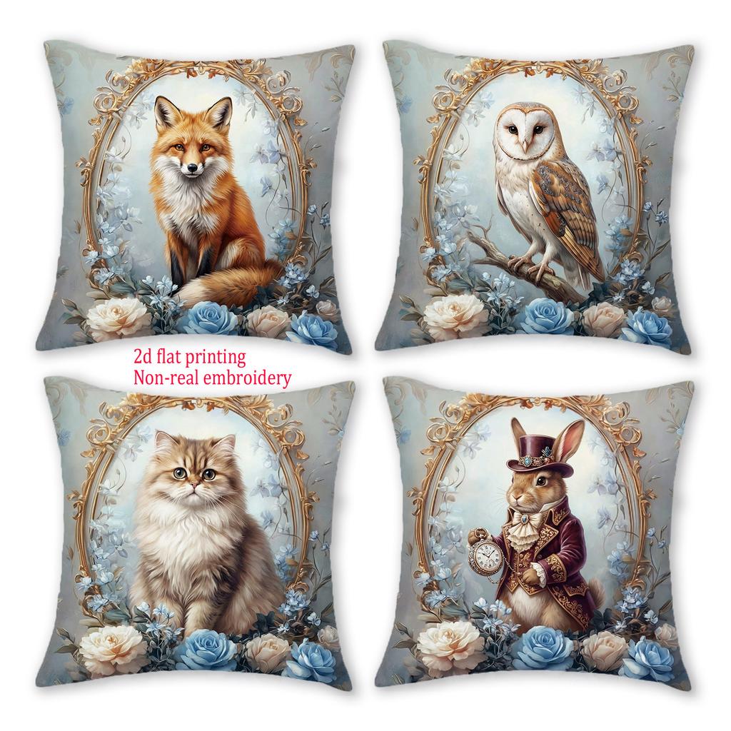 1/4pz Copricuscini Decorativi Vintage Vittoriani con Animali Volpe Gufo Gatto Coniglio Floreali per Divano Casa Camera da Letto