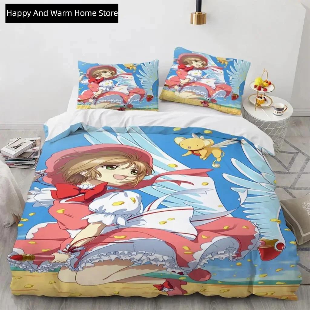 Anime Cardcaptor Sakura Beding Set,Soft Duvet Cover Warm Comforter Bed Linen Set Comfortable Quilt Cover Pilowcase,King Quen Twin Sized Dimensions