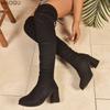 Übergröße 35-43 Damen Overknee-Stiefel Schwarz Klobiger Absatz Hinten Schnürung Stretch Oberschenkelhohe Stiefel 2026 Herbst Winter Lange Stiefel