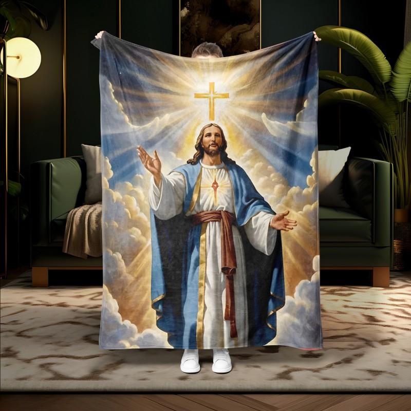 1PC Jesus Portrait Blessing Throw Inspirational Gifts and Prayers Religious Blanket Soft Cozy Warm Blankets for Women Men Gift