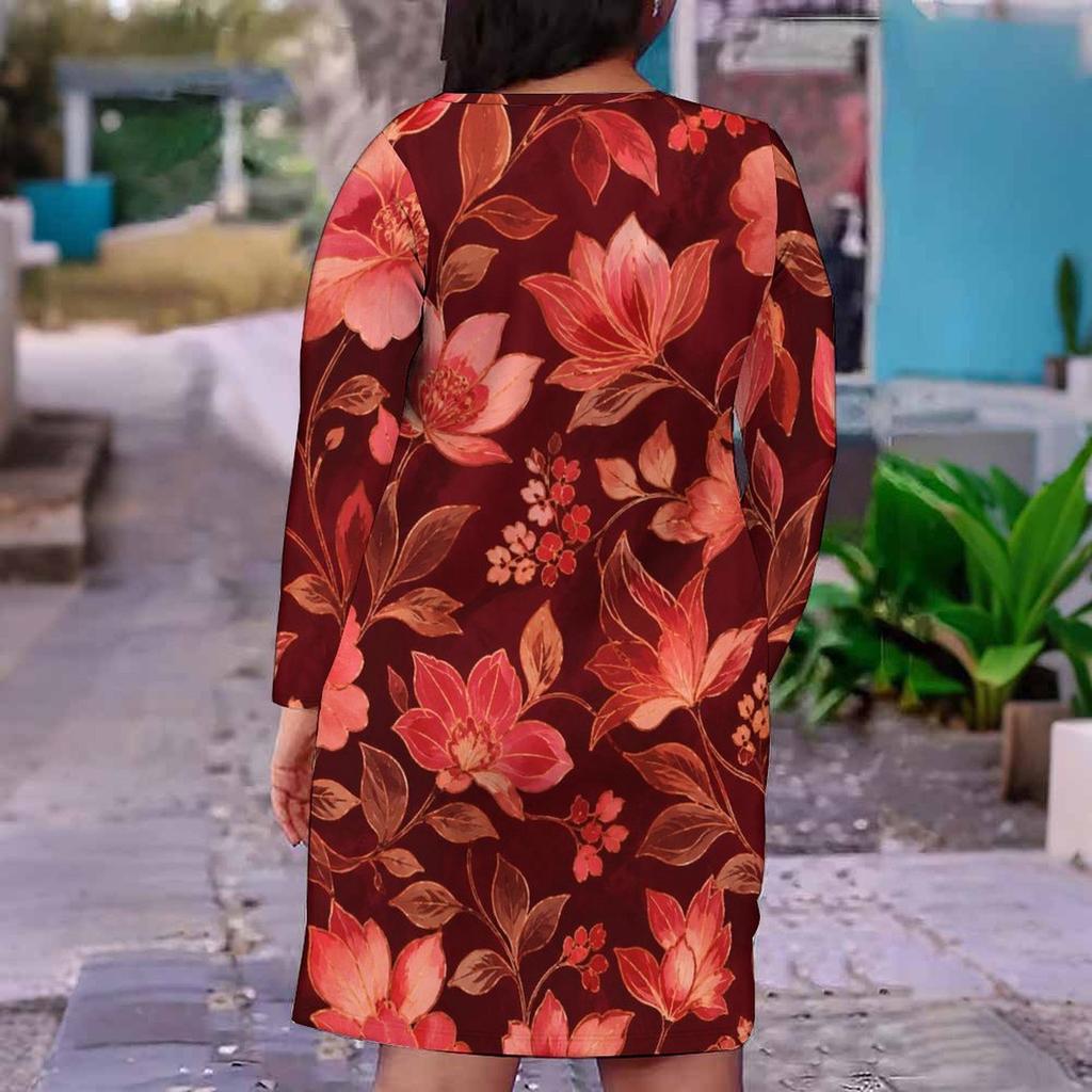 Women Plus Size Floral Printed V Neck Long Sleeve Fitted Midi Dress