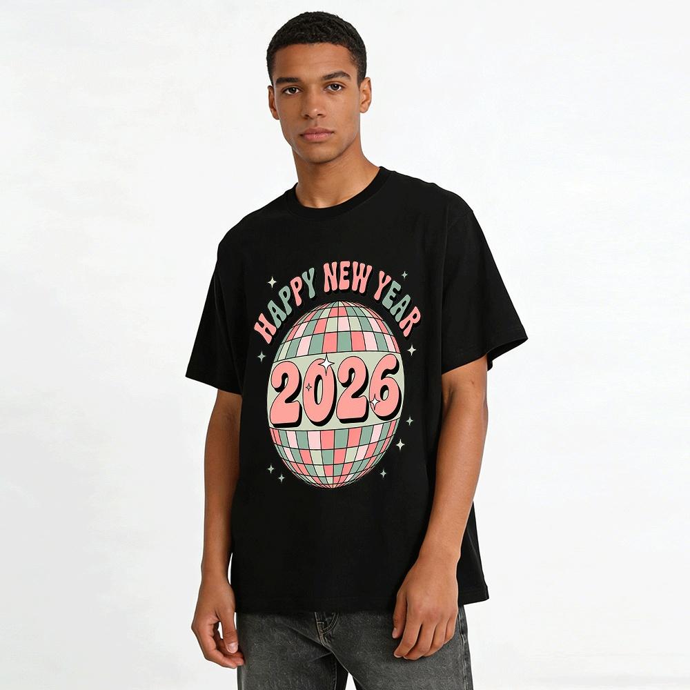 2026 Happy New Year Retro Disco Ball Graphic Casual Top Pure Cotton T-shirt