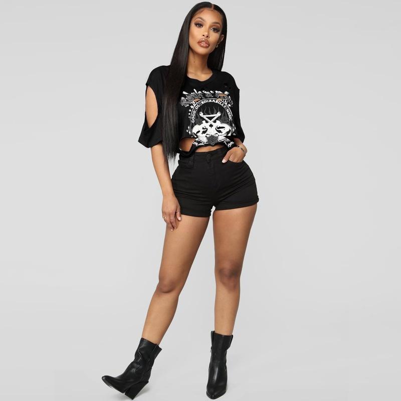 

Женская модная свободная повседневная футболка с коротким рукавом и рваными отверстиями без бретелек XL чёрный