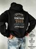 1969 VINTAGE Distressed Year Badge Print Hooded Sweatshirt, European and American Retro Style Casual Sweatshirt