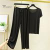 Lady Top Pants Set 2 Pcs/Set Women T-shirt Pleated Wide Leg V Neck Short Sleeves Summer Loose Homewear Pullover Thin Plus Size Trousers Clothing