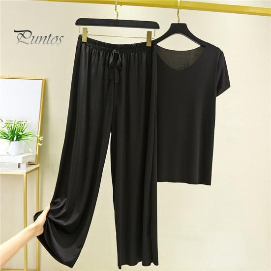 Lady Top Pants Set 2 Pcs/Set Women T-shirt Pleated Wide Leg V Neck Short Sleeves Summer Loose Homewear Pullover Thin Plus Size Trousers Clothing