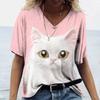 Cartoon Kitten Women's T Shirt Harajuku Clothing Summer V-Neck Girls Pullover  Short Sleeve Tees Female Casual Streetwear