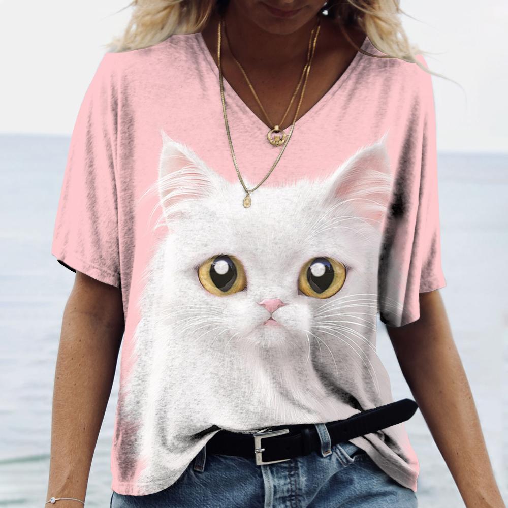 Cartoon Kitten Women's T Shirt Harajuku Clothing Summer V-Neck Girls Pullover  Short Sleeve Tees Female Casual Streetwear