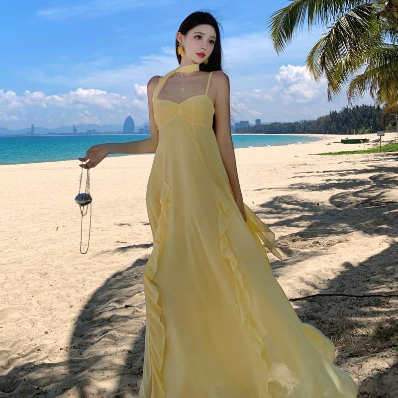 Sexy Backless Long Dress Seaside Vacation Dress Travel Wear Photo Dress Ruffle Edge Beach Dress