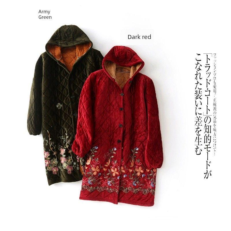 Long Length Cotton-Padded Coat Winter New Women's Clothing Hooded Collar Long Sleeves Single-Breasted Pocket Embroider Velvet Cotton Clothes 27217