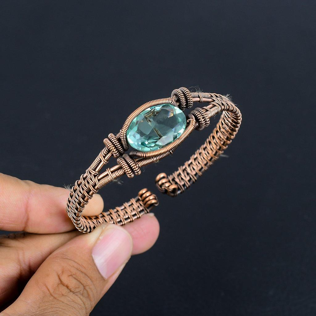 Aqua Apatite Jewelry, Handmade Gemstone Bracelet, 999 Copper Wire Wrapped Bracelet Antique Jewelry, For Engagement Gift