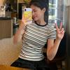 Summer korean black stripe t shirts Women's O-neck Short-sleeve T-shirt young girl harajuku casual Elastic Skinny y2k Tops women