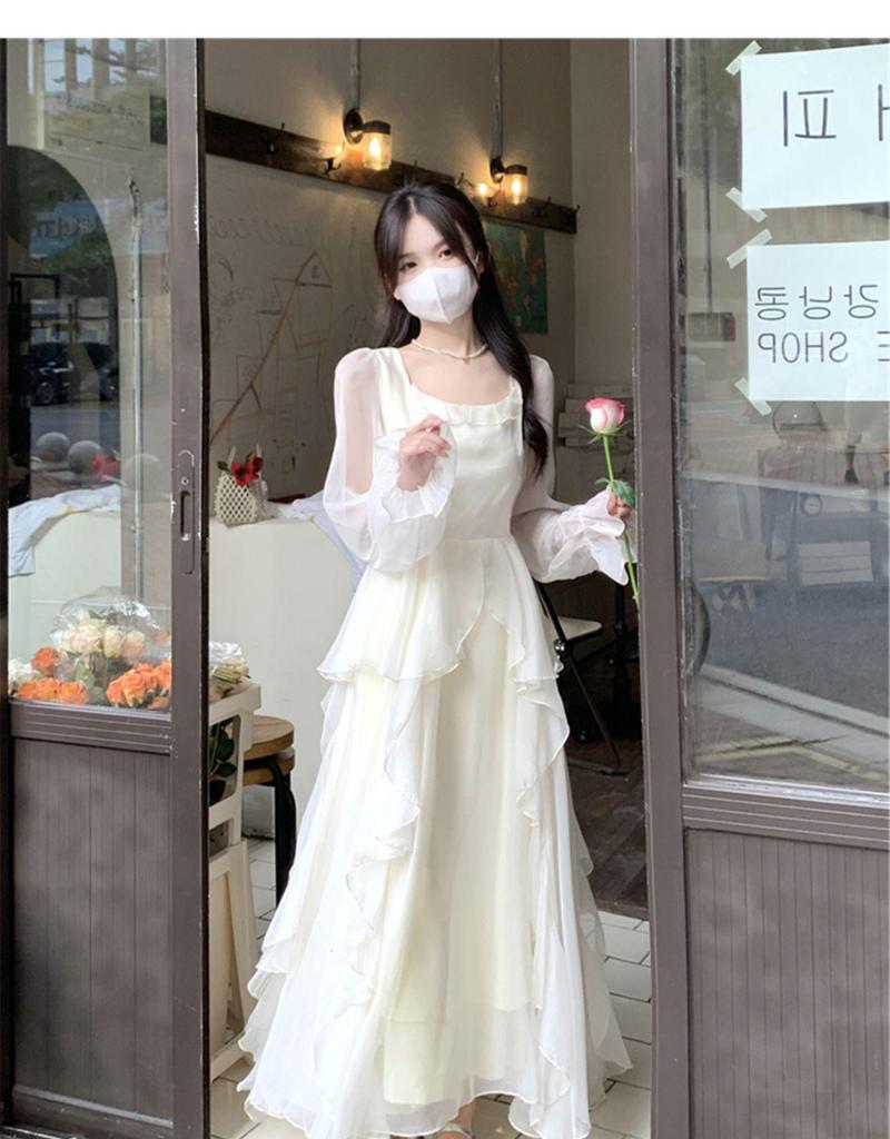 White French Ruffle Long Sleeve Dress: Waist-Defining Fairy Style for Seaside Vacations