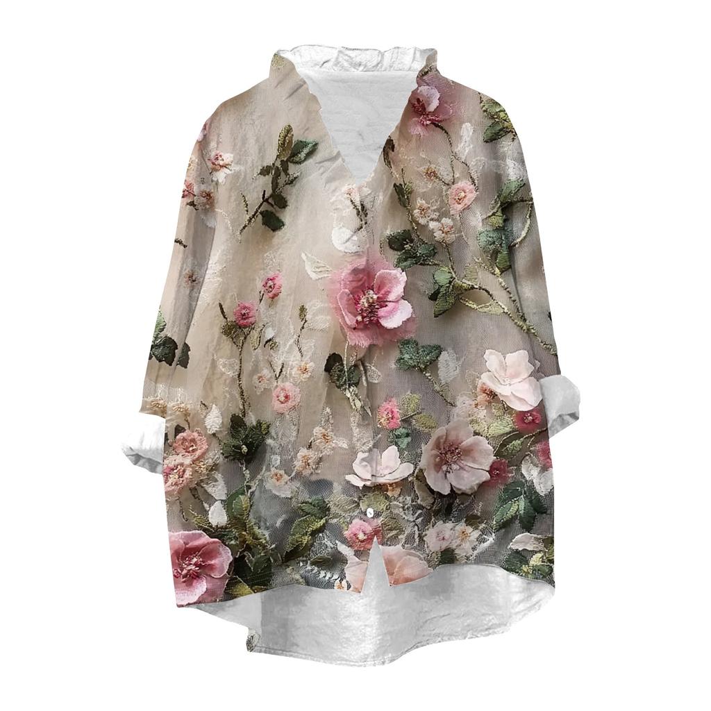 Women's Loose Ruffled Retro Floral Print Stand Collar Long Sleeve Cotton And Linen Top