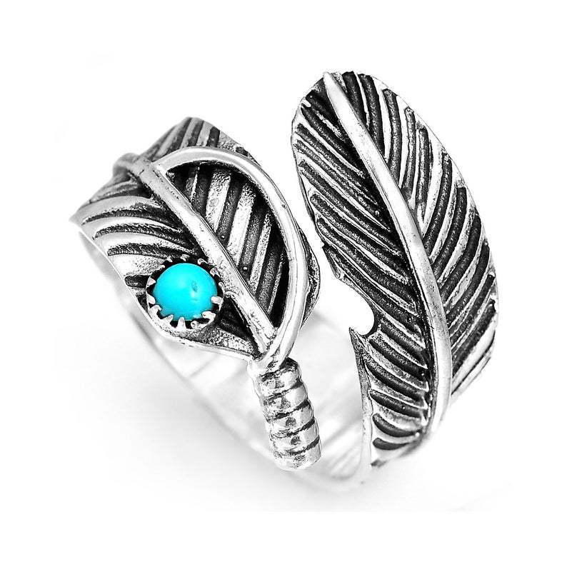 Independent Station Turquoise Ring Fashion Vintage Feather Thai Silver Opening Men's and Women's Rings Spot