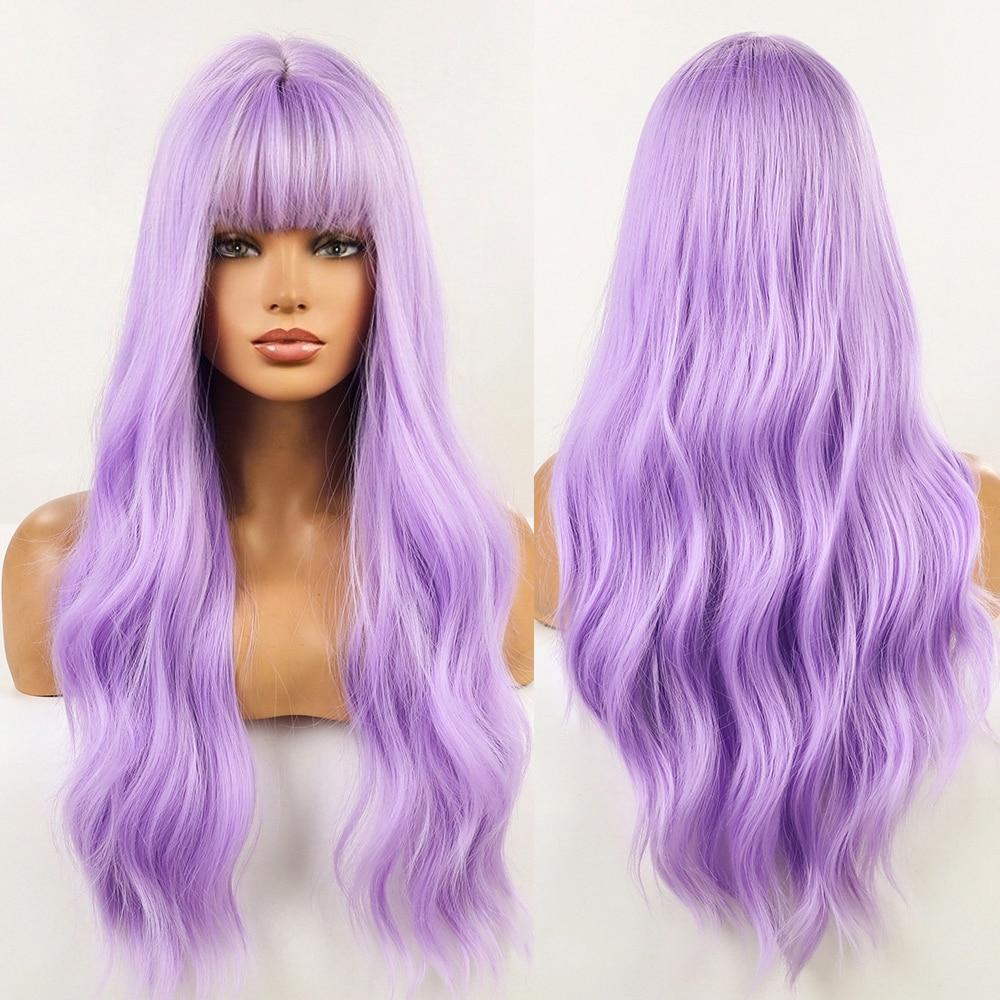 ALAN Synthetic Long Wavy Wigs with Bangs for Women Cosplay Natural Ombre Black To Pink Hair Wig High Temperature Fiber