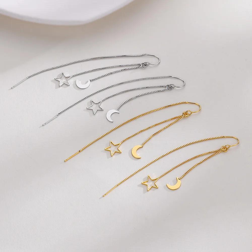 Real  Sterling Silver Long Tassel Hollow Stars Moon Drop Earrings for Women Cute Fine  Light Luxury Accessories