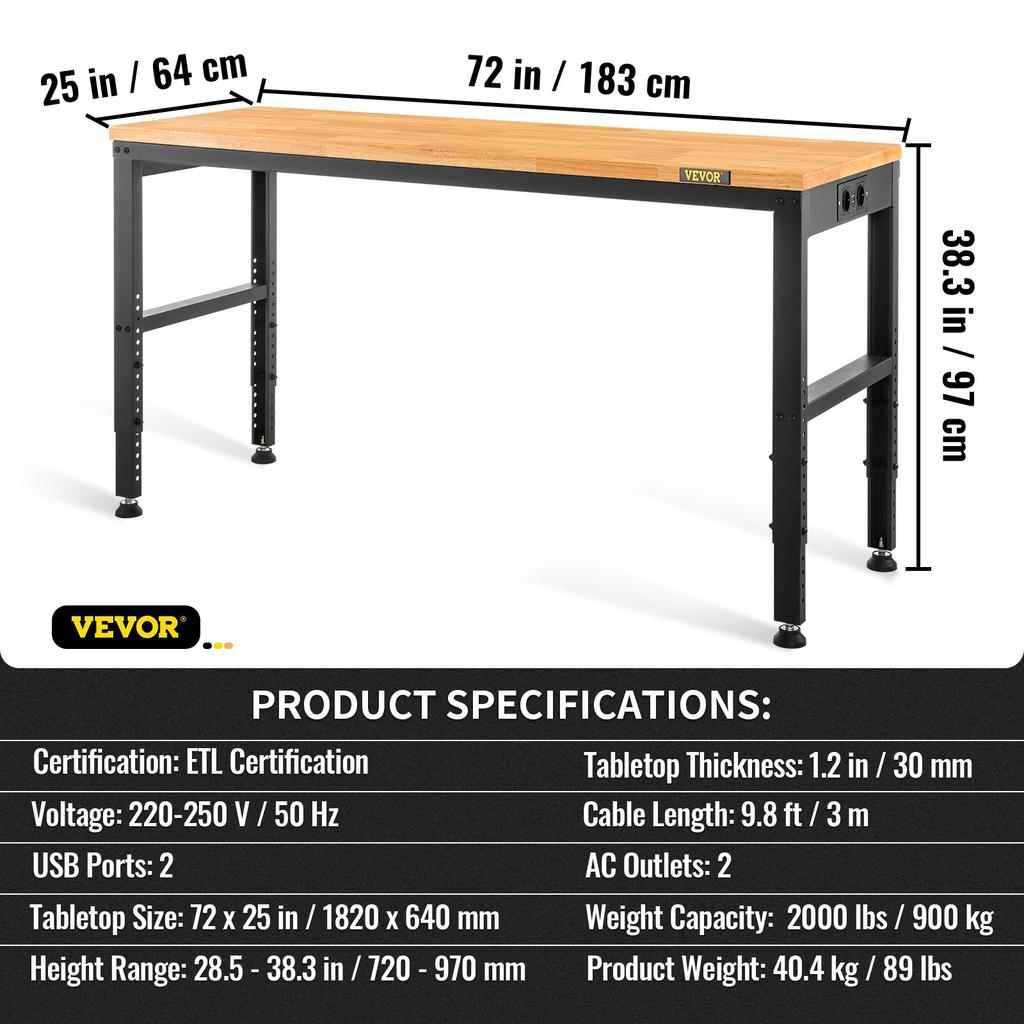 VEVOR Workbench Adjustable Height, 183 x 64 cm Garage Table with 72 – 97 cm Heights & 900KG Load Capacity