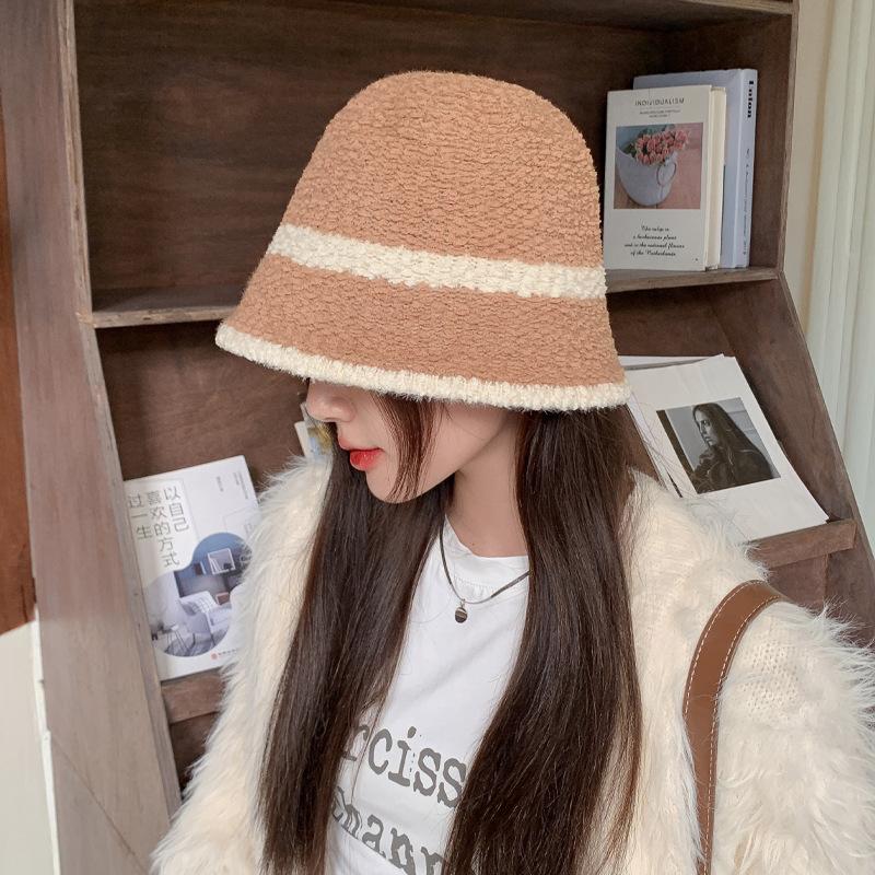 Autumn and winter big head circumference hat female plain bucket hat female winter warm washbasin hat solid color striped bucket hat