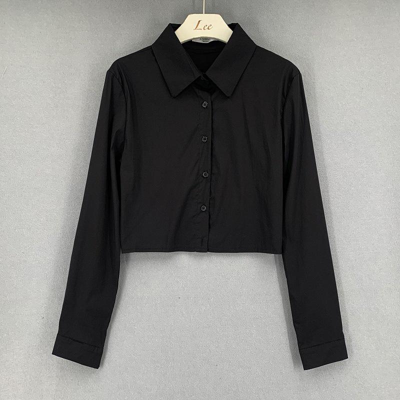 Korean White Cropped Slimming Long Sleeve Shirt for Women