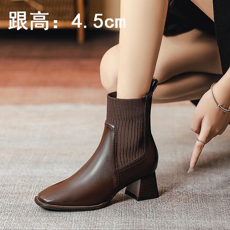 Knitted elastic boots high-heeled short boots women's spring and autumn single boots 2025 new thin boots thick heel medium tube fashion boots