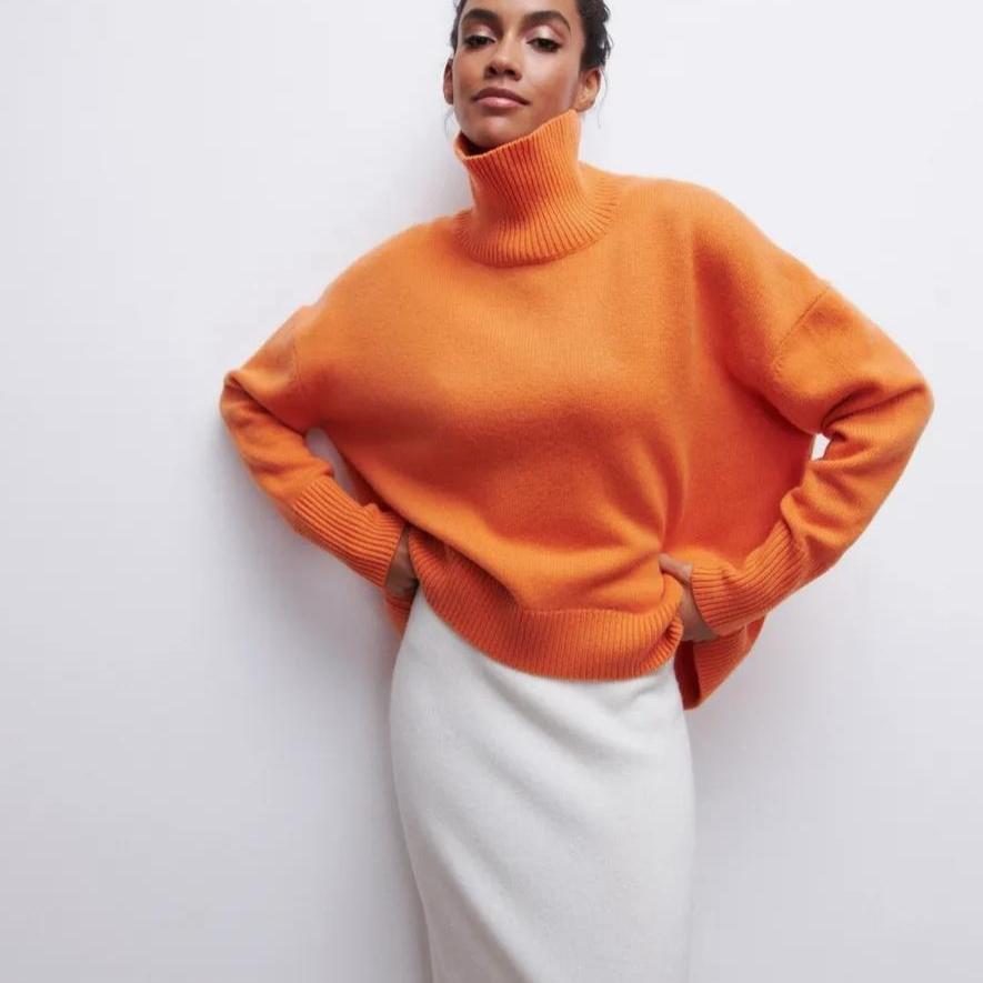 Women's Turtleneck Sweater Loose Solid Color Pullover Knitwear Thick Warm Knit Top Autumn Winter