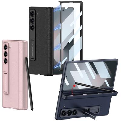 Samsung Fold6 Handyhülle Vollständig einschließend Sturzsicher Magnetische Saugkraft Scharnier Faltbarer Drehschaft Einfarbiges Leder Stifthalter Hülle Folie Hülle