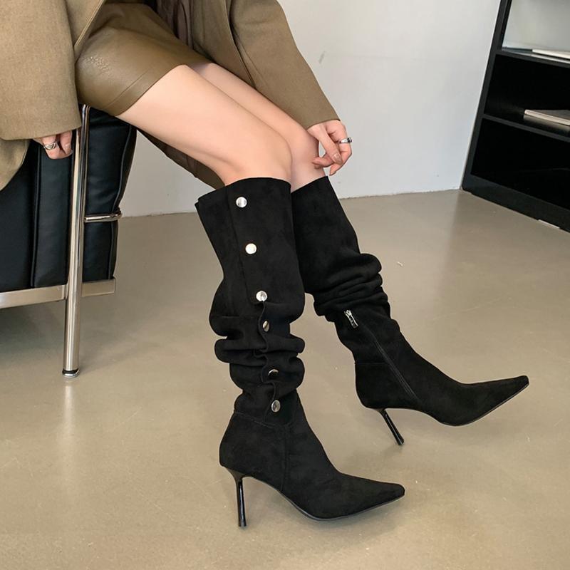 Winter Street Style Pointed Toe Knee-High Boots Women Low Heels Shoes Female Long Booties Women Shoes  De Mujer