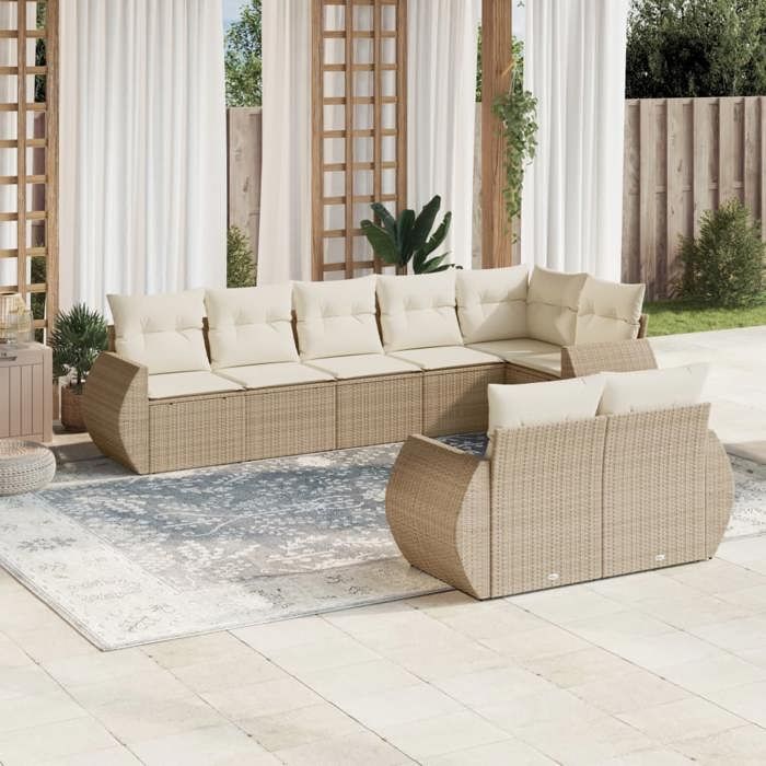 VidaXL Salon de Jardin avec Coussins 8 pcs, Canapés de Terrasse, Ensemble de Meubles de Patio, Mobilier d'Extérieur, Beige 3253955