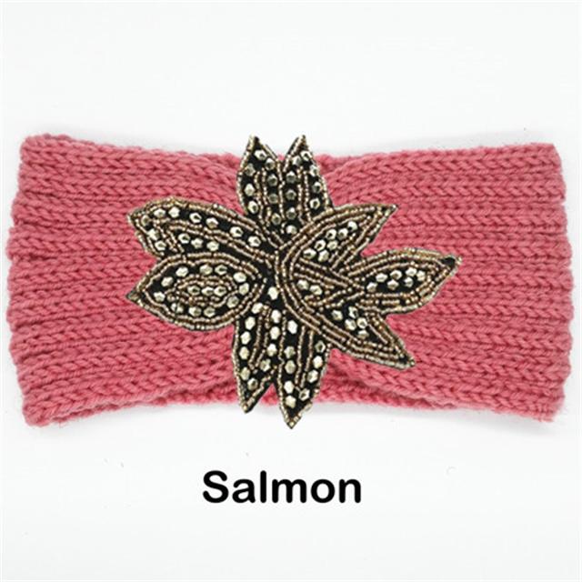 Crystal Beaded Flower Knit Headband For Women Winter Wool Ear Warmer Hairband Turban Headwrap Hair Accessories Bandeau
