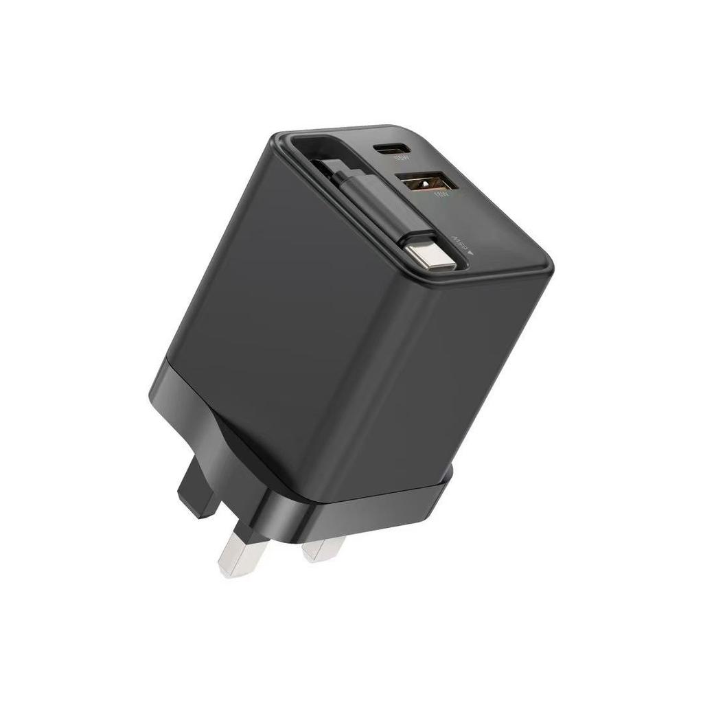 PD65W UK Standard Dual-Port GaN Charger with Retractable Cable: Fast Charge A+C